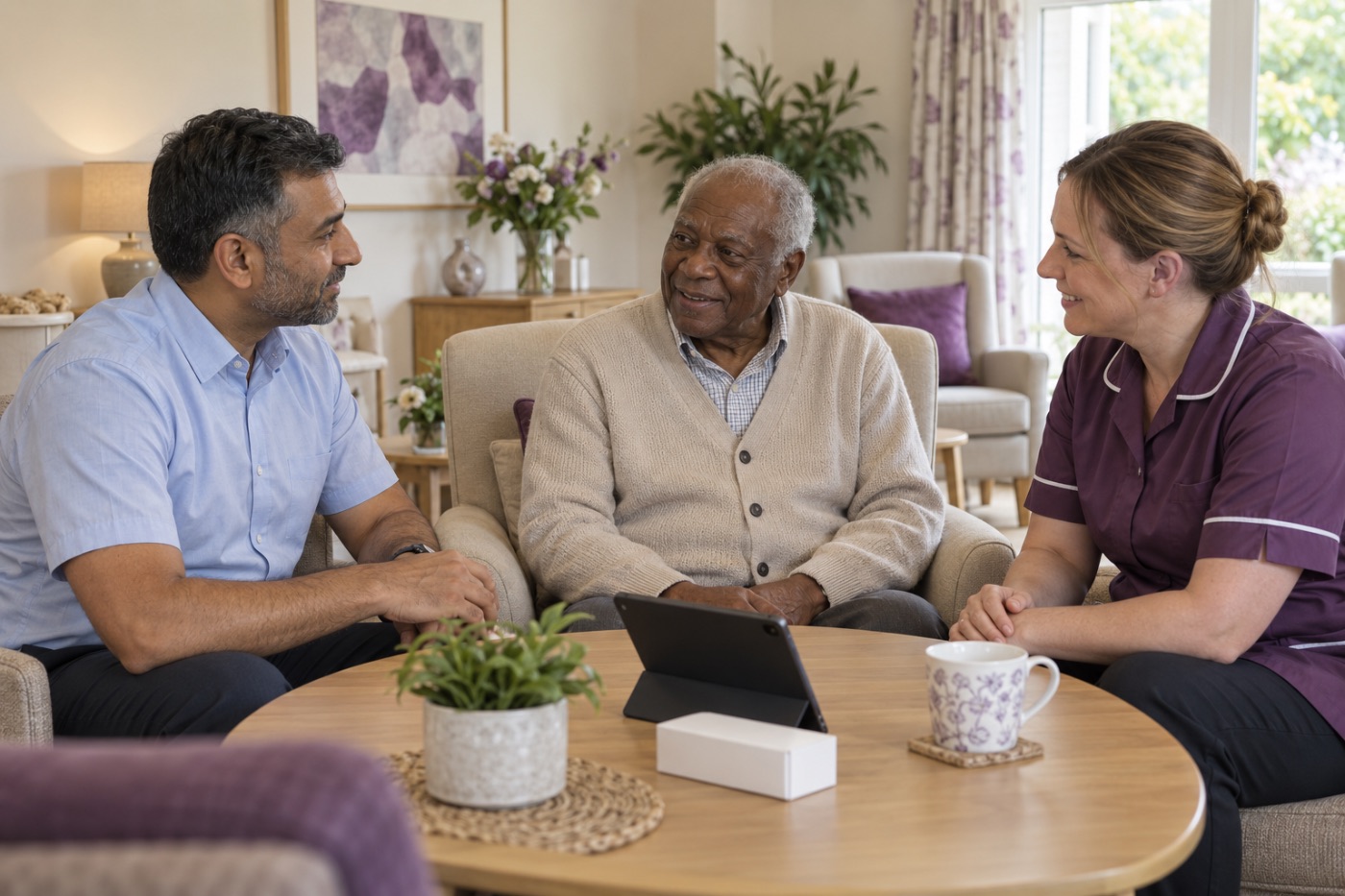 Care home resident talking with a pharmacist and carer