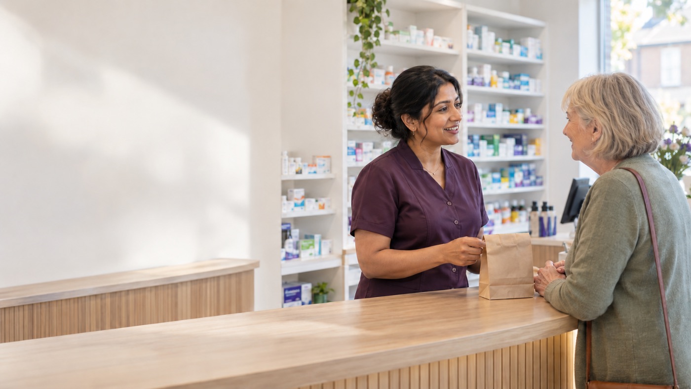 Pharmacist handing a prescription to a customer